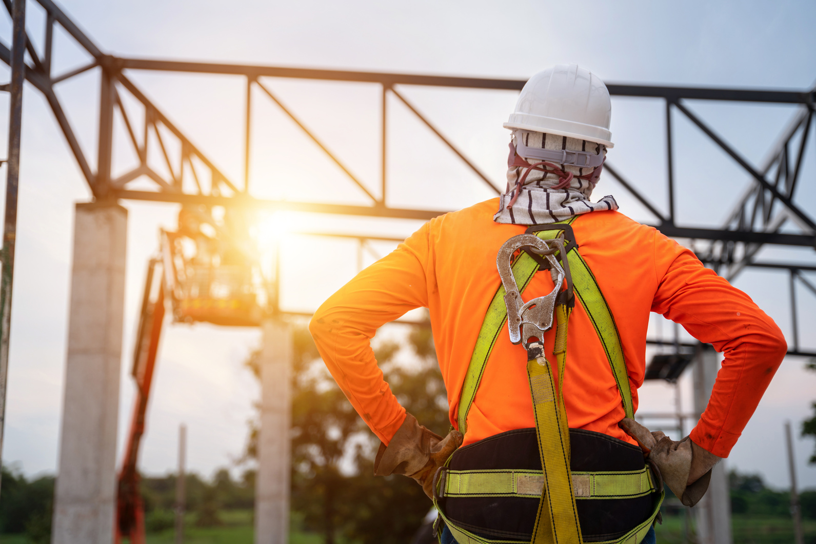 A Worker in construction site Working at height equipment. Fall